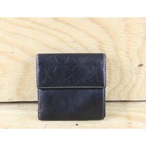 Coach Wallet Womens Black Leather Signature Logo Trifold Coin Purse Vintage